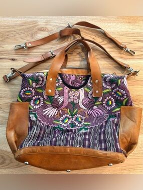 Nena & Co. convertible day bag hand-embroidered bird and floral huipil tapestry